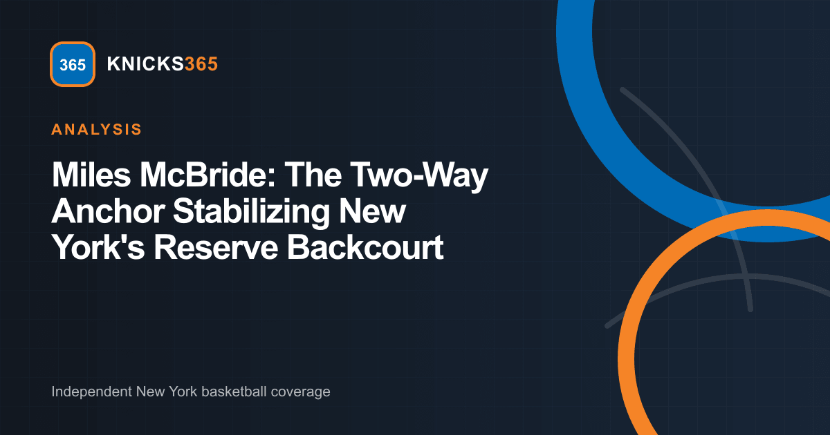 Branded graphic analyzing Miles McBride as the two-way bench anchor for the New York Knicks